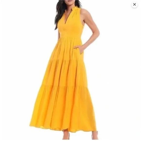 495. Antonio Melani sun yellow v neck Linen blend maxi dress size 4 - Picture 1 of 10